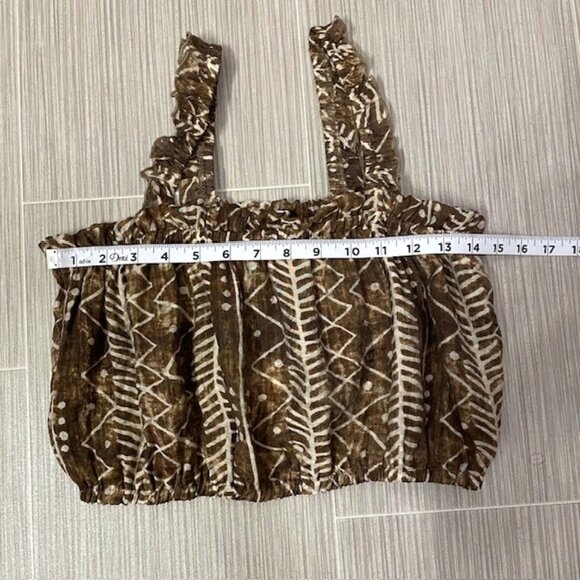 NWT Elan Brown Tulum Boho Abstract Printed Tank Top Ruffle Trim Size Medium - Picture 14 of 15